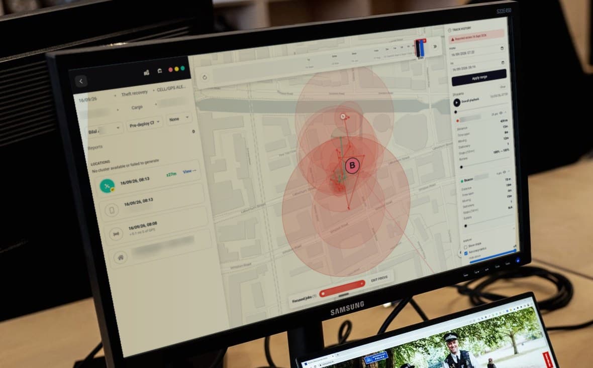A recovery job on our ops platform: GPS and beacon readings on a street map