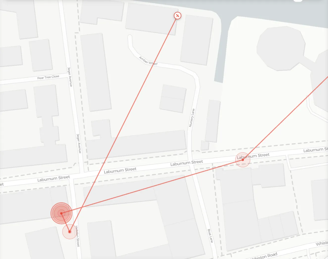 Close-up map of the tracker's last signal by the canal, with larger circles where it stopped earlier